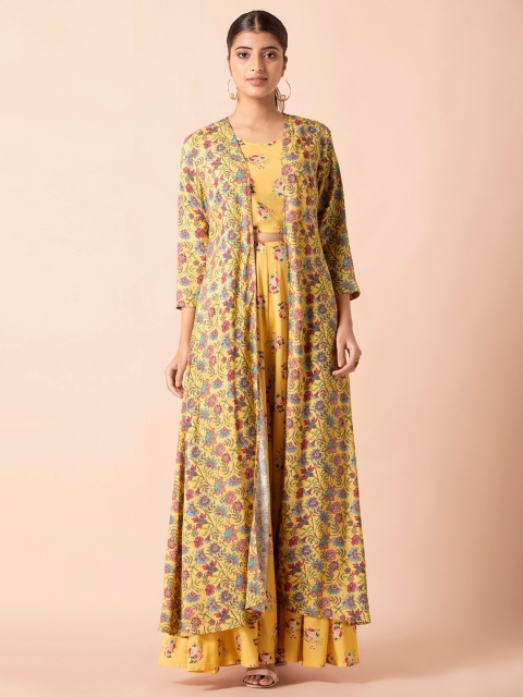 

INDYA Women Yellow & Blue Printed Ethnic Longline Shrug