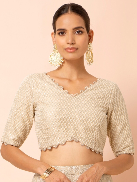 

INDYA Beige Embroidered Regular Crop Top