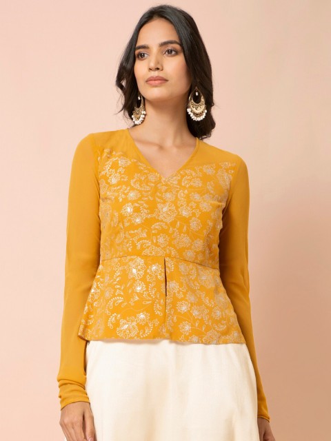 

INDYA Yellow Floral Georgette Peplum Top