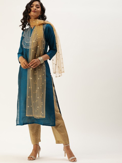 

Varanga Women Teal Blue Embroidered Regular Sequinned Kurta with Trousers & With Dupatta