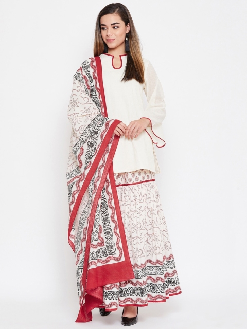 

TULIP 21 Women Off White Ethnic Motifs Printed Regular Pure Cotton Kurti with Sharara & With Dupatta