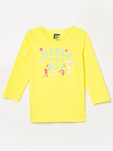 

Fame Forever by Lifestyle Girls Yellow & Blue Typography Printed Pure Cotton Regular Top