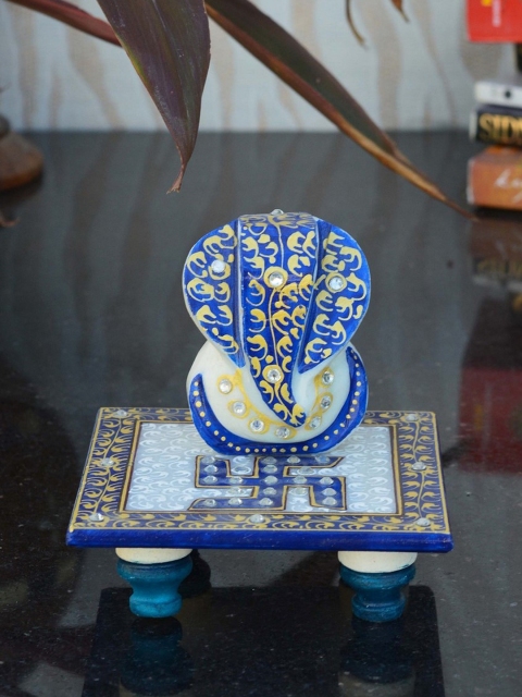 

eCraftIndia White & Blue Marble Lord Ganesha Idol Showpiece with Chowki