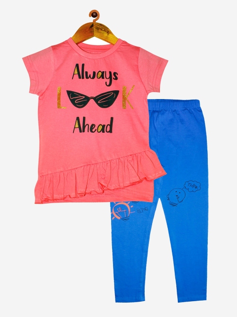 

KiddoPanti Girls Pink & Blue Printed Pure Cotton T Shirt & Leggings