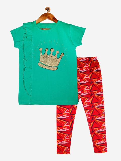 

KiddoPanti Girls Green & Red Printed T-shirt with Leggings