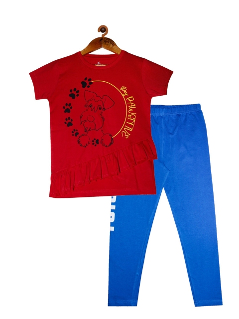 

KiddoPanti Girls Red & Blue Printed T-shirt with Leggings