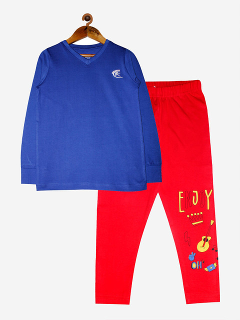 

KiddoPanti Girls Blue & Red T-shirt with Leggings