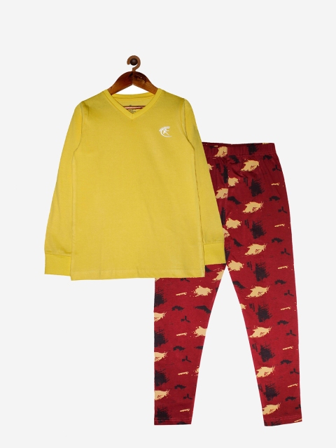 

KiddoPanti Girls Yellow & Maroon Printed T Shirt & Leggings