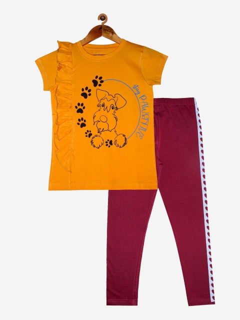 

KiddoPanti Girls Orange & Maroon Printed T-shirt with Leggings