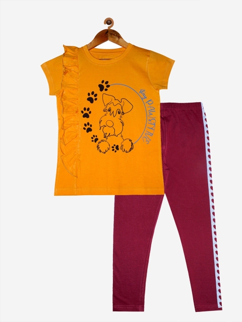 

KiddoPanti Girls Orange & Maroon Printed T-shirt with Leggings