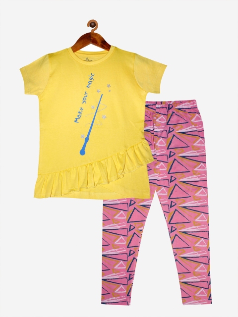 

KiddoPanti Girls Yellow & Pink Printed T-shirt with Leggings