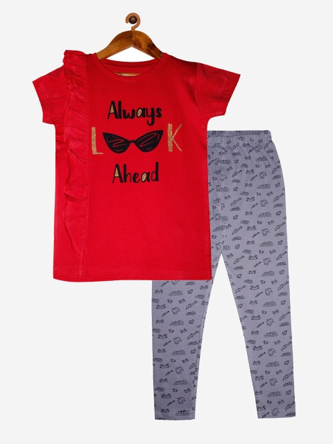 

KiddoPanti Girls Red & Grey Printed T-shirt with Leggings