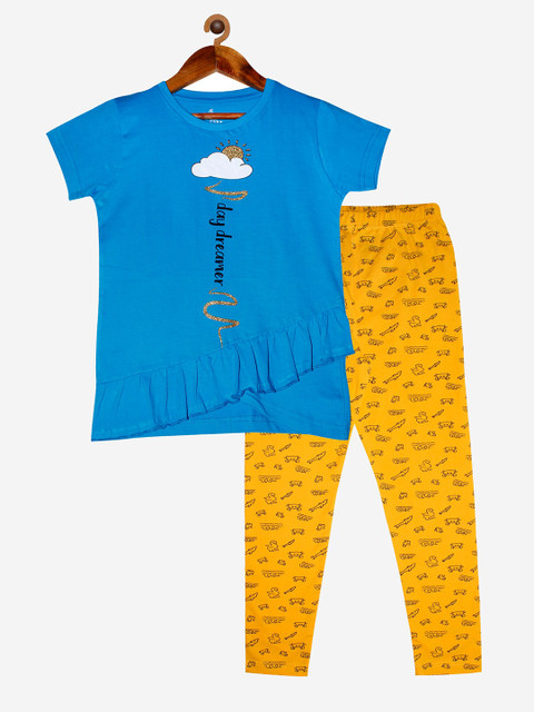 

KiddoPanti Girls Blue & Mustard Printed Pure Cotton T-shirt with Leggings