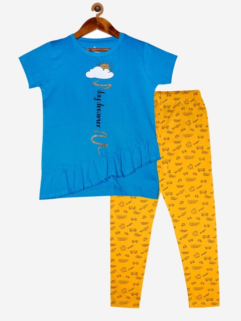 

KiddoPanti Girls Blue & Mustard Yellow Printed T-shirt with Leggings