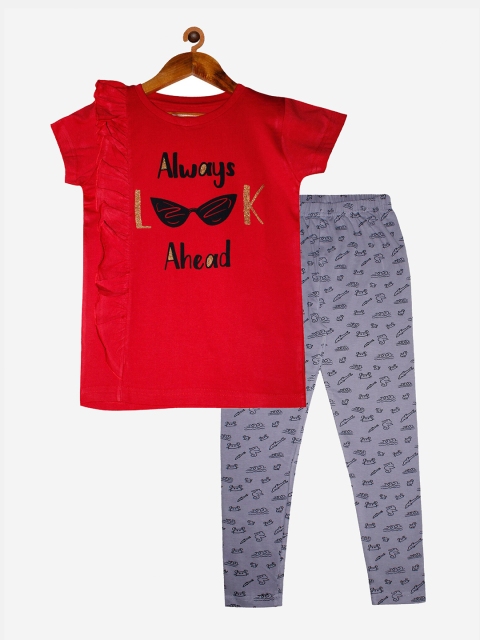 

KiddoPanti Girls Red & Grey Printed T-shirt with Leggings