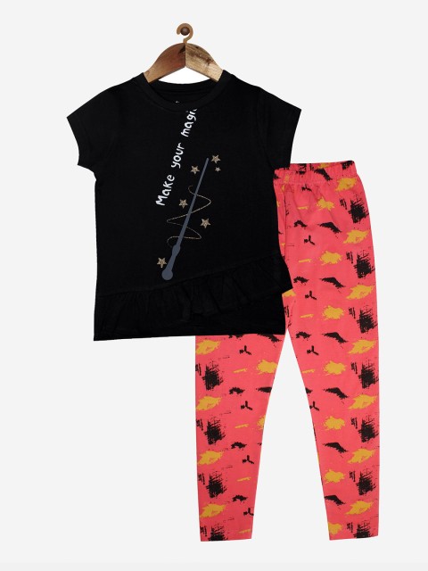 

KiddoPanti Girls Black & Coral Printed T Shirt & Leggings