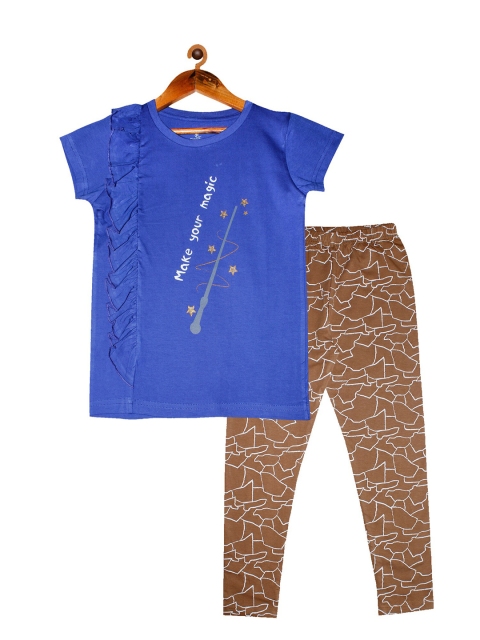 

KiddoPanti Girls Blue & Brown Printed T-shirt with Leggings