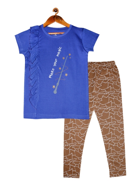 

KiddoPanti Girls Blue & Brown Printed T-shirt with Leggings