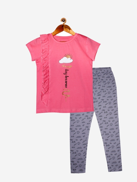 

KiddoPanti Girls Pink & Grey Printed T-shirt with Leggings