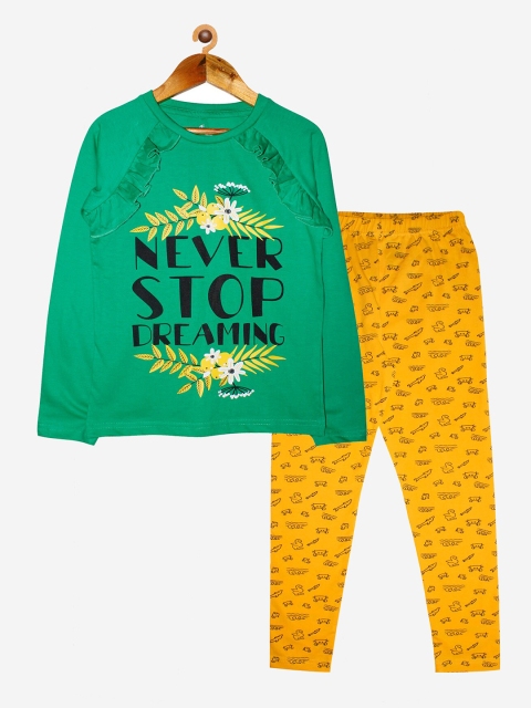 

KiddoPanti Girls Green & Mustard Printed Pure Cotton T-shirt with Leggings