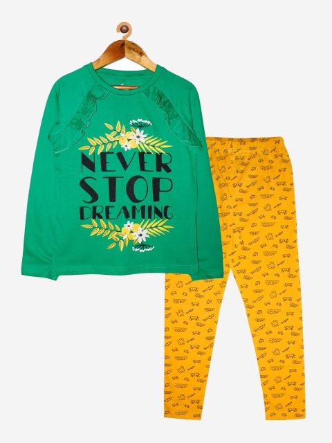 

KiddoPanti Girls Green & Mustard Printed T-shirt with Leggings