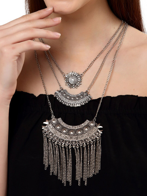 

Shining Diva Silver-Toned Silver-Plated Oxidised Necklace
