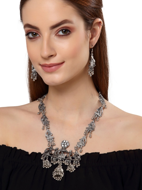 

Shining Diva Oxidised Silver-Plated White Crystal-Studded Ghungaroo Jewellery Set