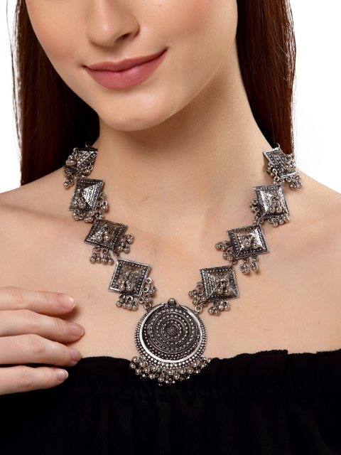 

Shining Diva Silver-Toned & Black Silver-Plated Oxidised Necklace