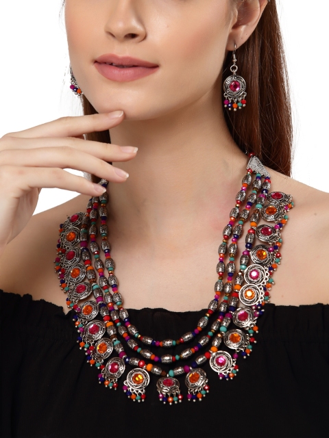 

Shining Diva Oxidised Silver-Plated Orange & Pink Crystal-Studded Traditional Jewellery Set