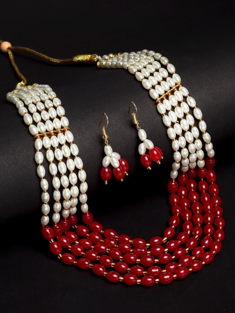 

ZENEME Maroon & Off-White Beaded 5 Layered Necklace With Drop Earring Jewellery Set