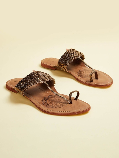 

Melange by Lifestyle Women Brown Embellished Leather Ethnic T-Strap Flats