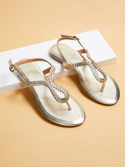 

Melange by Lifestyle Gold Embellished T Strap Flats with Buckles