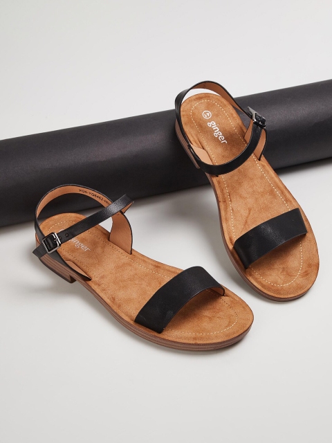 

Ginger by Lifestyle Black Open Toe Flats with Buckles