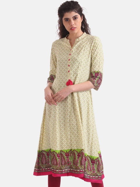 

Anahi Women White Floral Checked Cold-Shoulder Sleeves Anarkali Kurta