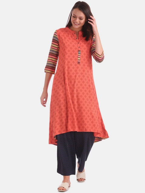 

Anahi Women Coral Flared High Low Hem Kurta