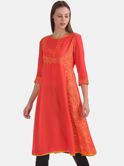 

Anahi Women Orange & Yellow Floral Printed Anarkali Kurta