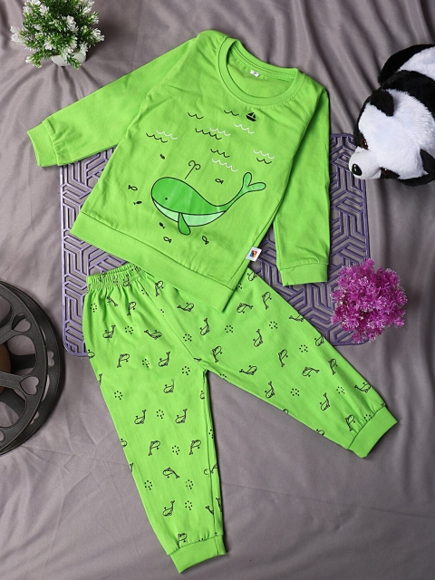 

Fashitale Kids Green Printed Pure Cotton T-Shirt & Pyjama