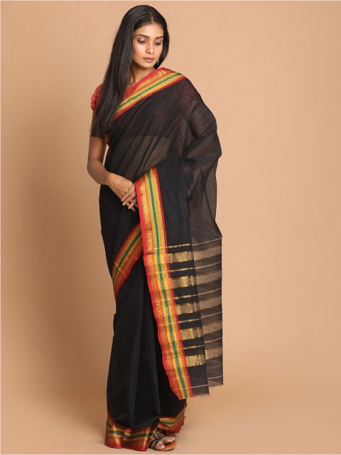 

Indethnic Black & Red Zari Pure Cotton Saree