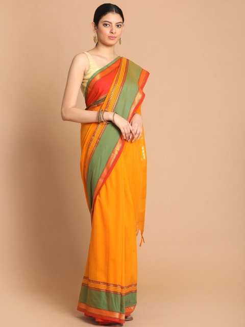 

Indethnic Yellow & Green Zari Pure Cotton Saree