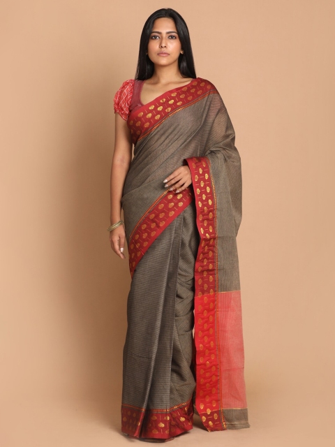 

Indethnic Grey & Red Zari Pure Cotton Saree