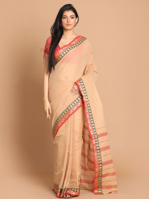 

Indethnic Beige & Red Zari Pure Cotton Saree