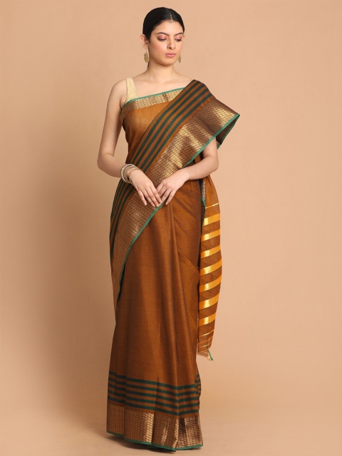 

Indethnic Mustard & Green Zari Pure Cotton Saree
