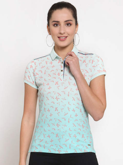 

Juelle Women Blue & Pink Floral Printed Polo Collar T-shirt