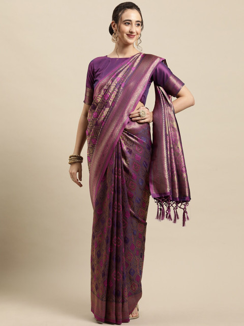 

Saree mall Purple & Gold-Toned Woven Design Zari Silk Blend Banarasi Sarees