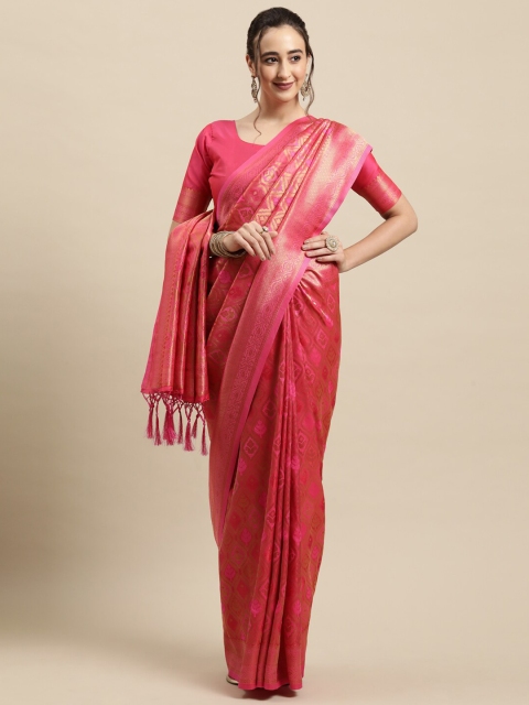 

Saree mall Pink & Gold-Toned Woven Design Zari Silk Blend Banarasi Sarees