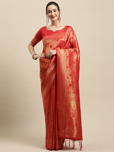 

Saree mall Red & Gold-Coloured Ethnic Motifs Zari Silk Blend Banarasi Sarees