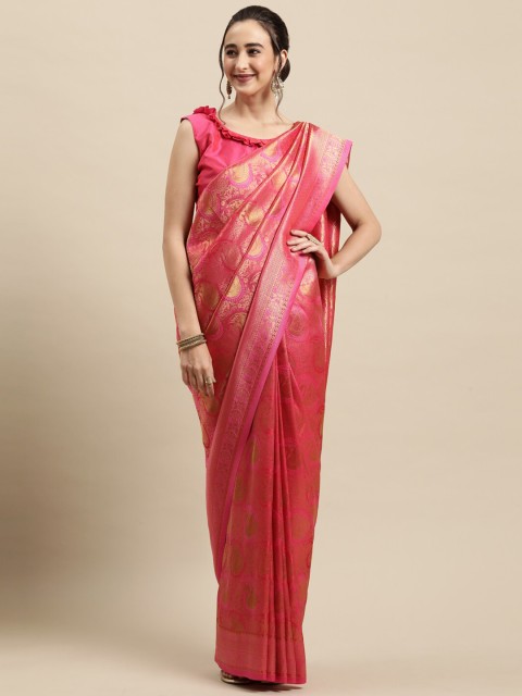 

Saree mall Pink & Gold-Toned Woven Design Zari Silk Blend Banarasi Sarees