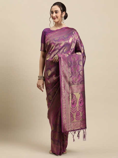 

Saree mall Purple & Gold-Toned Woven Design Zari Silk Blend Banarasi Sarees