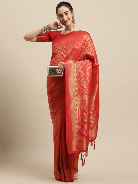 

Saree mall Red & Gold-Toned Woven Design Zari Silk Blend Banarasi Sarees