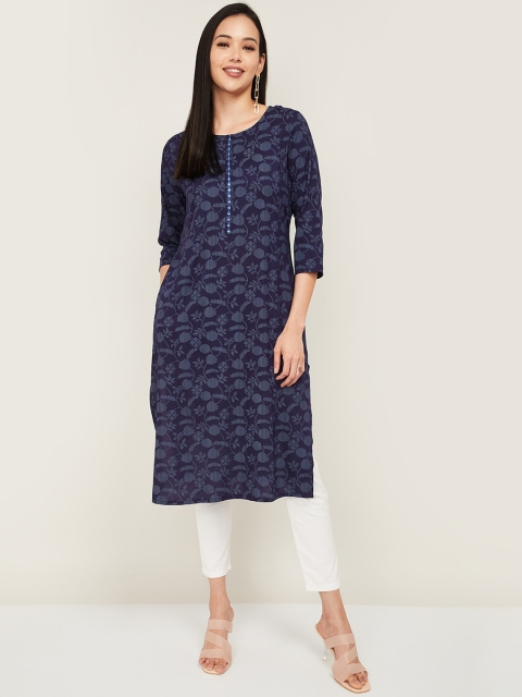 

Melange by Lifestyle Women Navy Blue & Grey Floral Printed Floral Straight Kurta